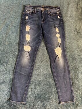 7 For All Mankind Dark Blue Distressed Skinny Jeans